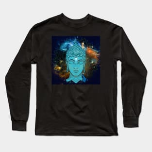 Buddha in the Galaxy Blue Face (background) Long Sleeve T-Shirt